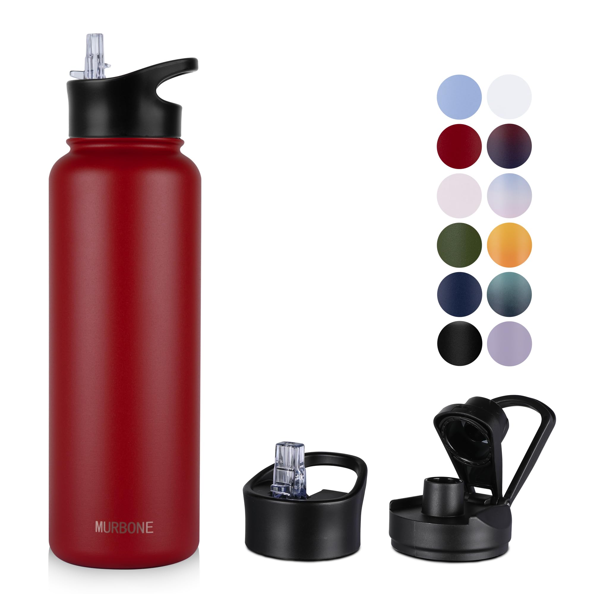 MURBONE Insulated Water Bottle, 1.2L Stainless Steel Drink Flask with Straw, BPA Free, Leakproof Double Walled Vacuum Bottle with 2 Lids (Straw and Spout), Red — image 1