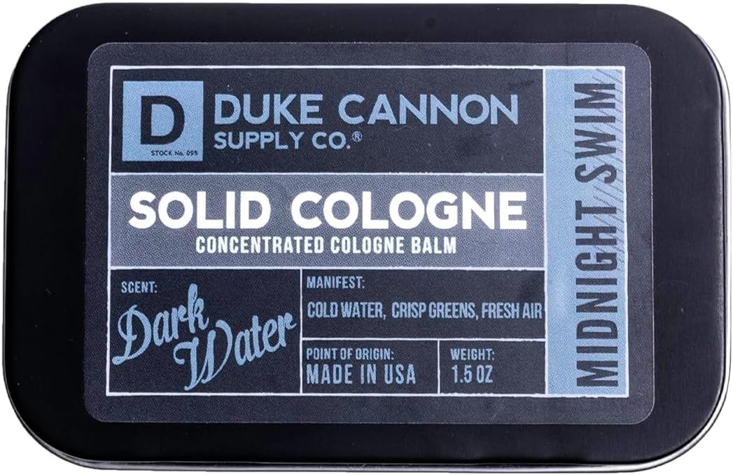 Duke Cannon Supply Co. Solid Cologne for Men Midnight Swim - Cold Water, Crisp Greens, Fresh Air - Concentrated Balm, Coconut Oil, Travel-Friendly Tin, 1.5 oz (1 unit)