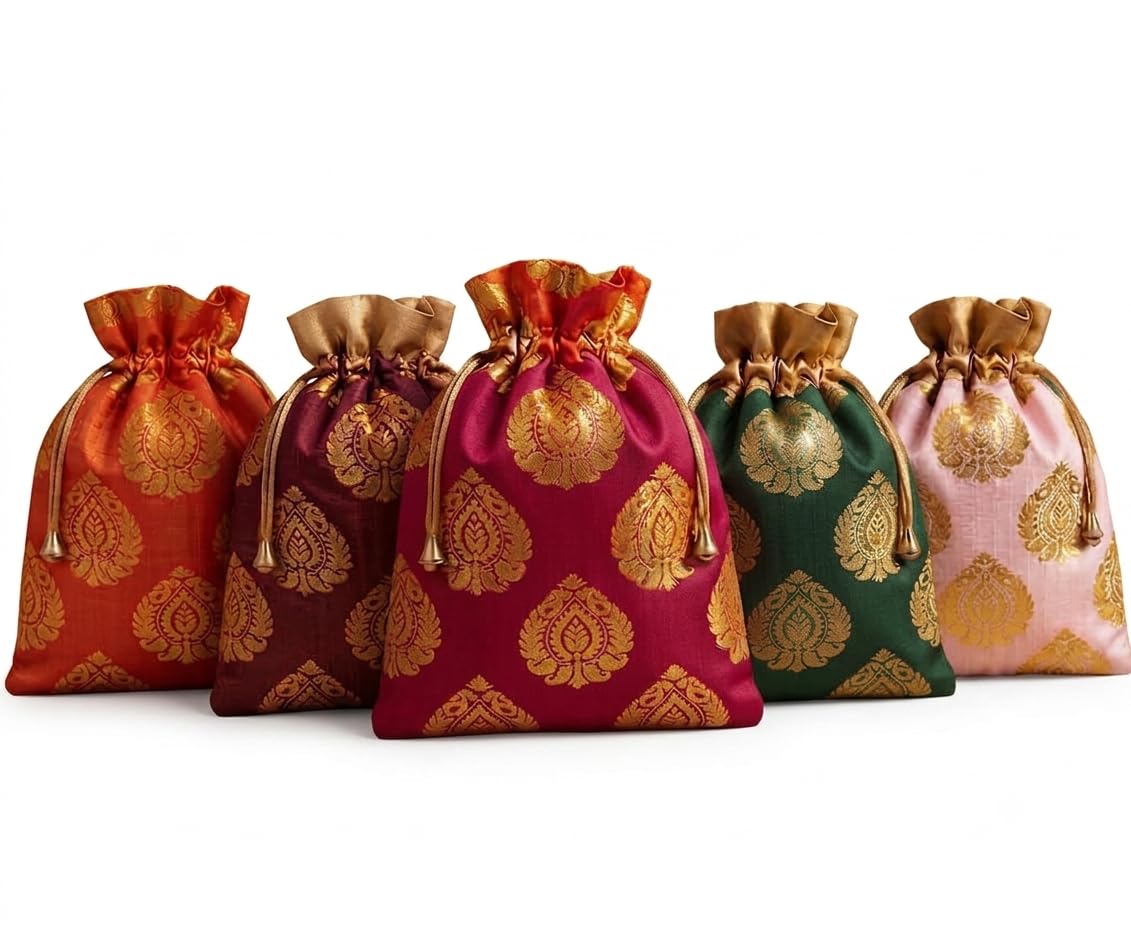 Traditional Brocade Potli Bags for Women Set of 5 | Silk Drawstring Gift Pouches for Wedding Return Gifts, Jewelry, Coins, Shagun, Mehendi, Haldi, Festive & Party Favor Bags-image-23
