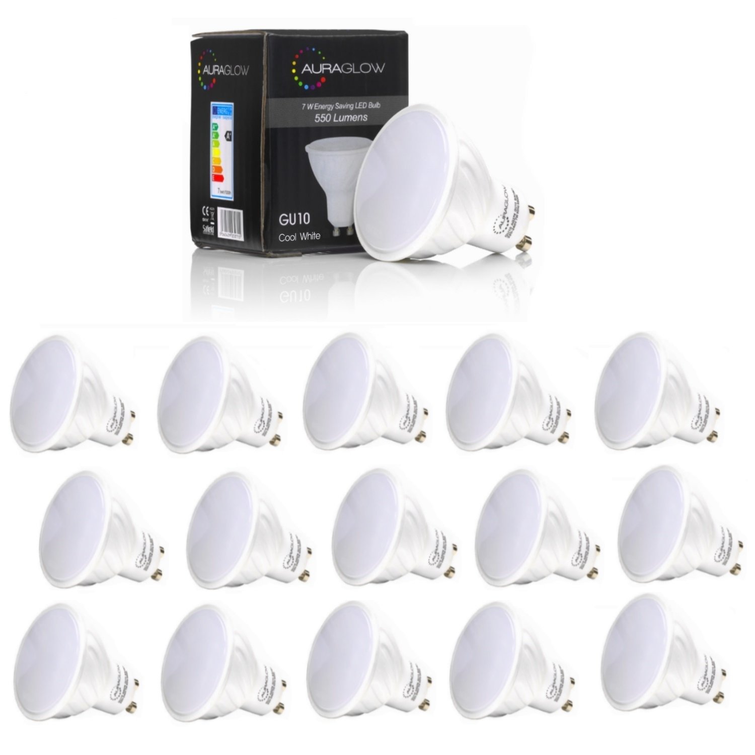 Auraglow Super Bright 5.3w LED GU10 Light Bulb, Daylight Cool White 6500k - RETROFIT - 550 Lumen - 70w EQV - Sixteen Pack