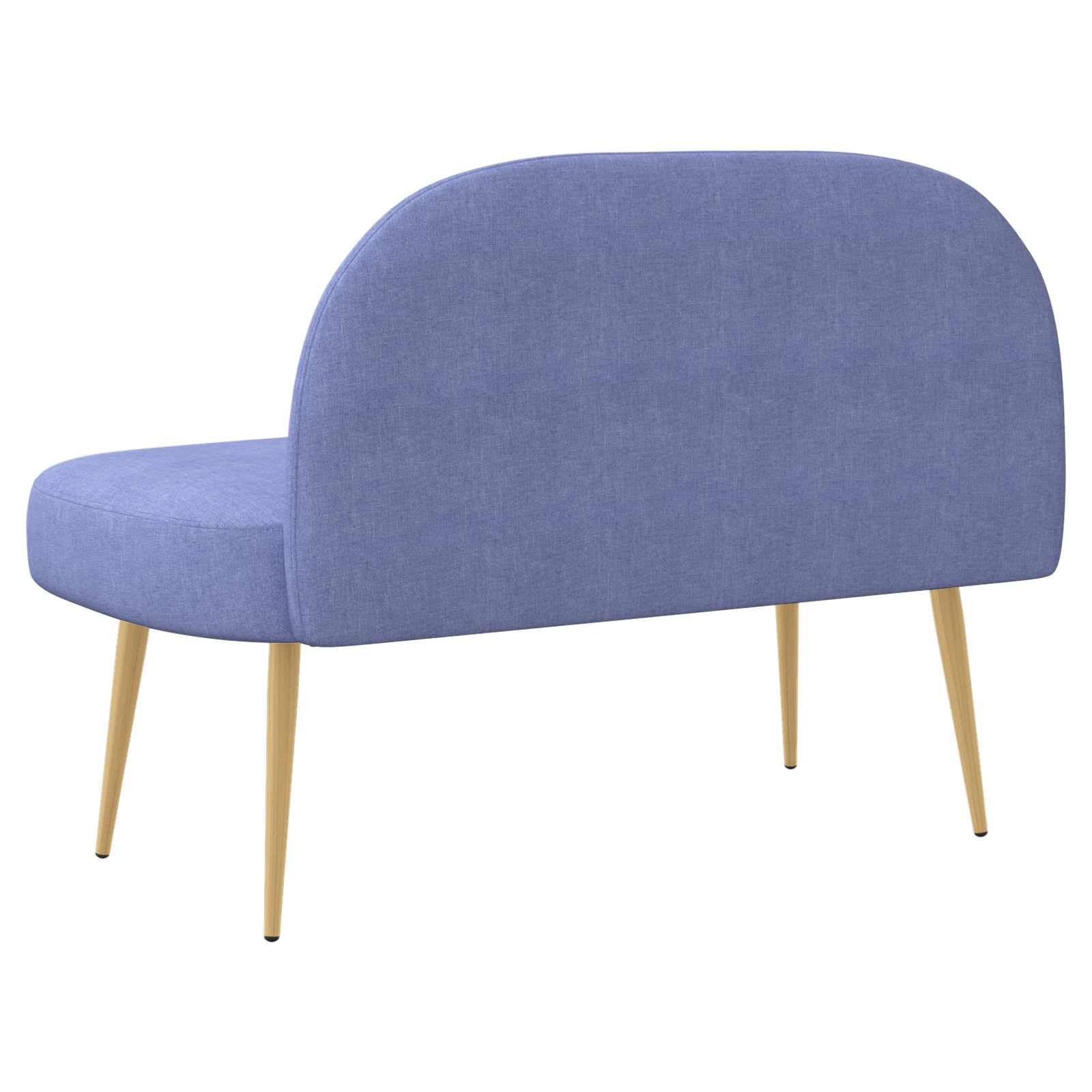 Tapicerowana ławka z oparciem w kolorze dżinsowym niebieskim, 110 x 60 x 76 cm, dwuosobowa ze sklejki, materiału i metalowych nóg do salonu, jadalni, korytarza, nowoczesna ławka do siedzenia