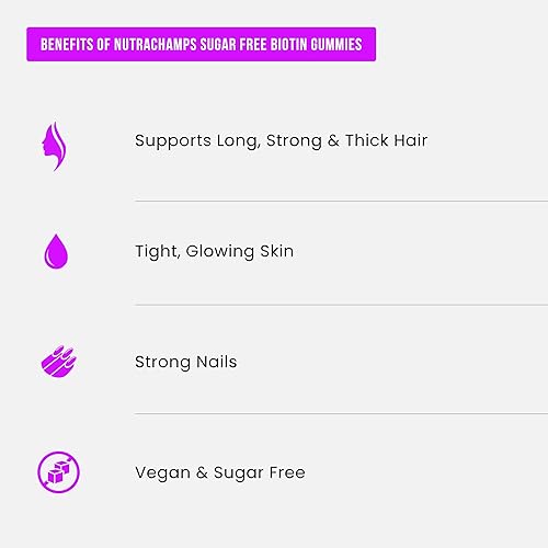 Miniatura 5 de NutraChamps Gomitas de biotina sin azúcar de 10000 mcg alta potencia  Cabello saludable, piel y uñas para mujeres, hombres y niños  5000 mcg en cada
