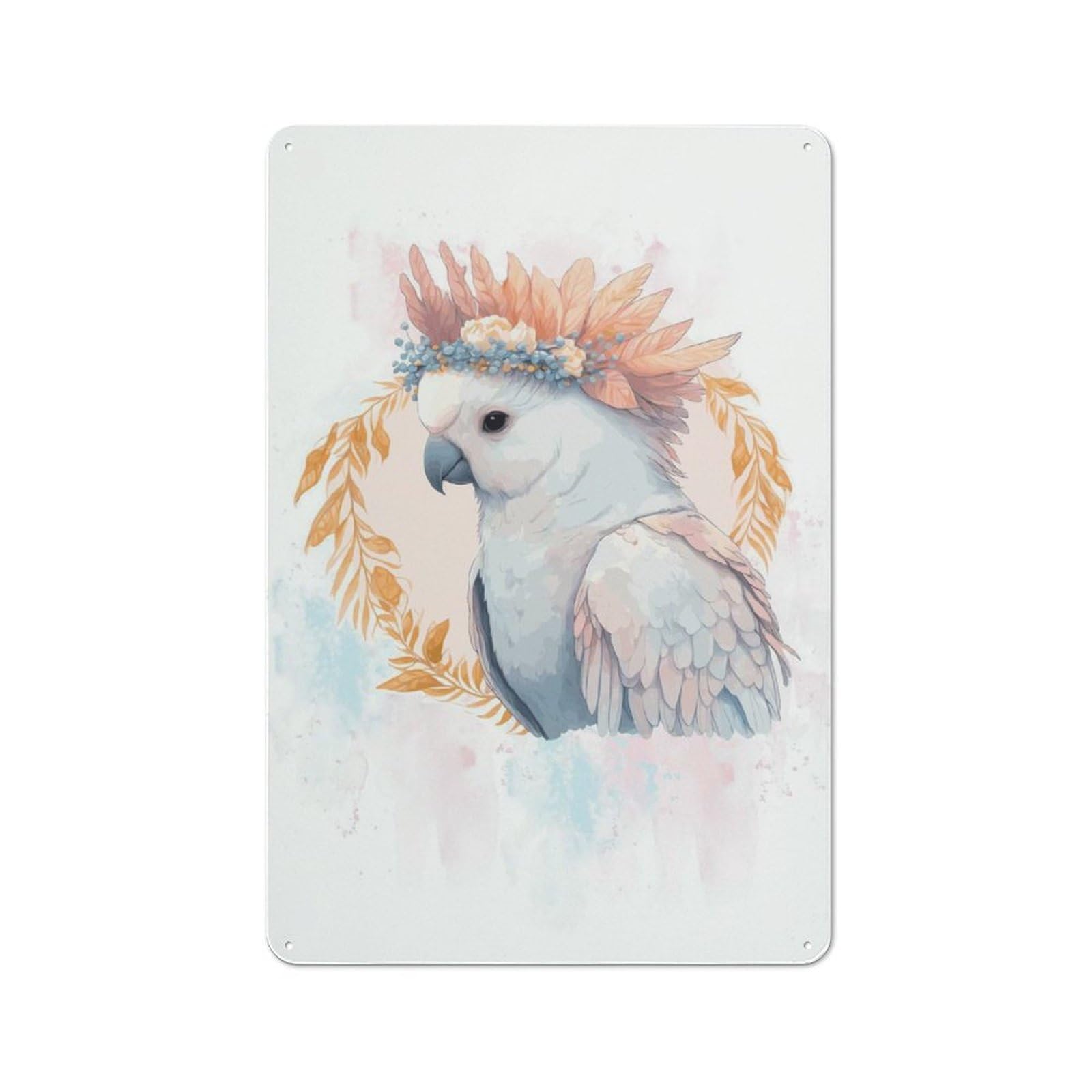 Junmoney Style-14 Floral Watercolor Cockatoo Retro Metal Plaque 30X20cm For Guest Room Or Hallway, Housewarming Present For People Styling Guest Room And Hallway