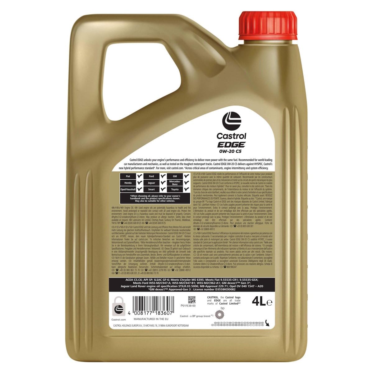Castrol EDGE 0W-20 C5, Aceite de Motor Avanzado Sintético, Cumple con las Especificaciones ACEA C5/C6, API SQ y ILSAC GF-7, 4L
