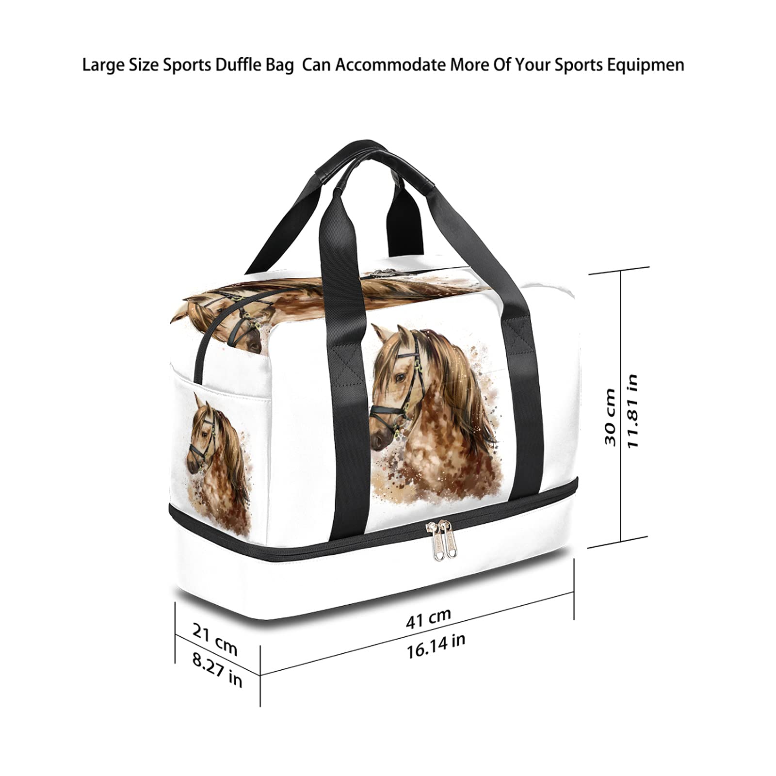 Horse Sports Gym Bag with Shoes Compartment,Watercolor Animal Painting Travel Duffel Bag for Men Women Boys Girls Teens Overnight Weekend Yoga Workout Bag Training Handbag