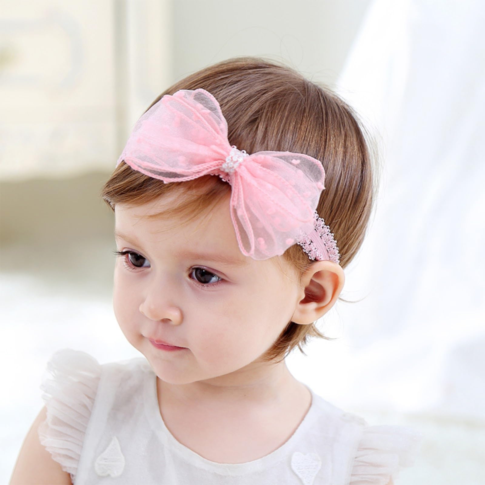 ICKEYOU Baby Girl Cute Lace Bow Headband Soft Cotton Elastic Hair Accessories for Toddlers Newborns Ideal for Birthdays Baby Shower Photo Shoots and Special Occasions (Pink)