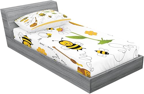 Miniatura 325 de Ambesonne Juego de sábanas bajeras y fundas de almohada con diseño de gato durmiendo en luna creciente, estrellas, sueños nocturnos, juego de ropa