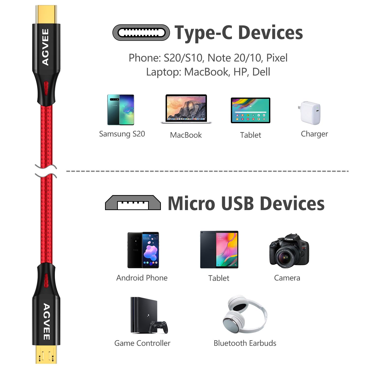 AGVEE 2 cables USB USB-C a Micro USB, 2 m, terminales dorados, cable de sincronización de datos para dispositivos micro USB, PS4, Kindle, teléfono Android, rojo