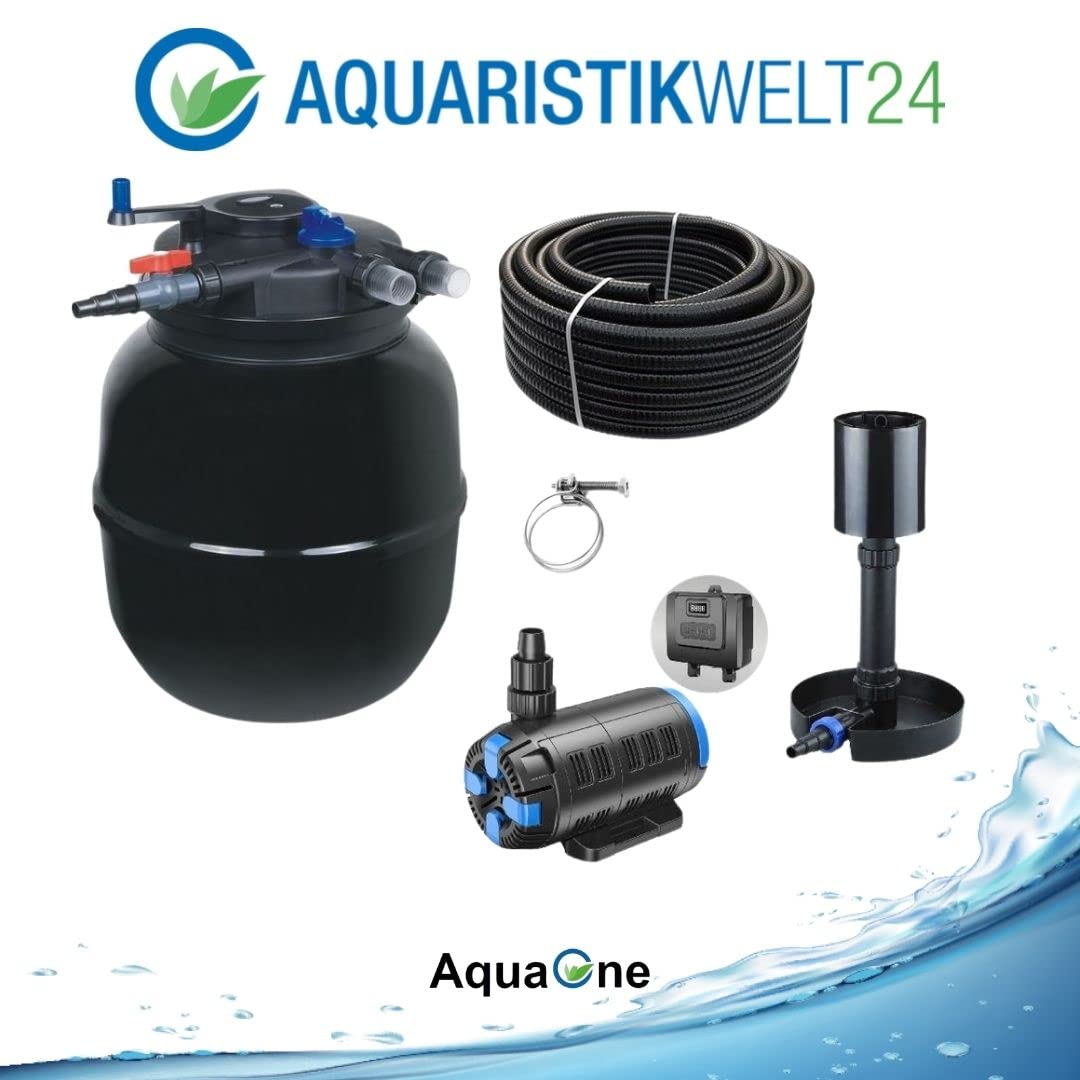 AquaOne Zestaw filtrów do oczka wodnego z pompą do stawu, pompa filtrująca CPF-50000 do stawu o pojemności do 80 000 litrów, kompletny zestaw z lampą UV, regulowana pompa Eco 37-180 W, skimmer, wąż do