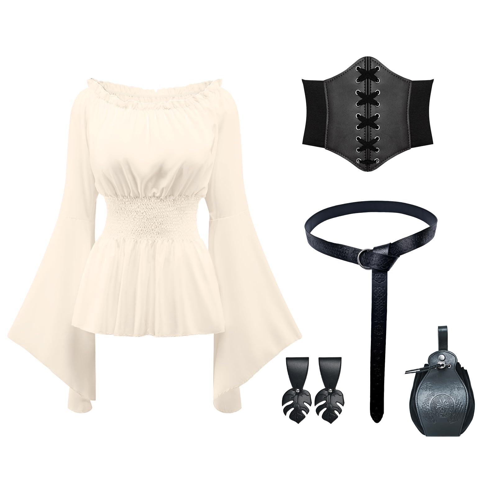 YRTBGD Pirate Costume Adult Women-5 Pcs Renaissance Medieval Viking Blouse with Corset Belt Accessories for Halloween Carnival (Beige
