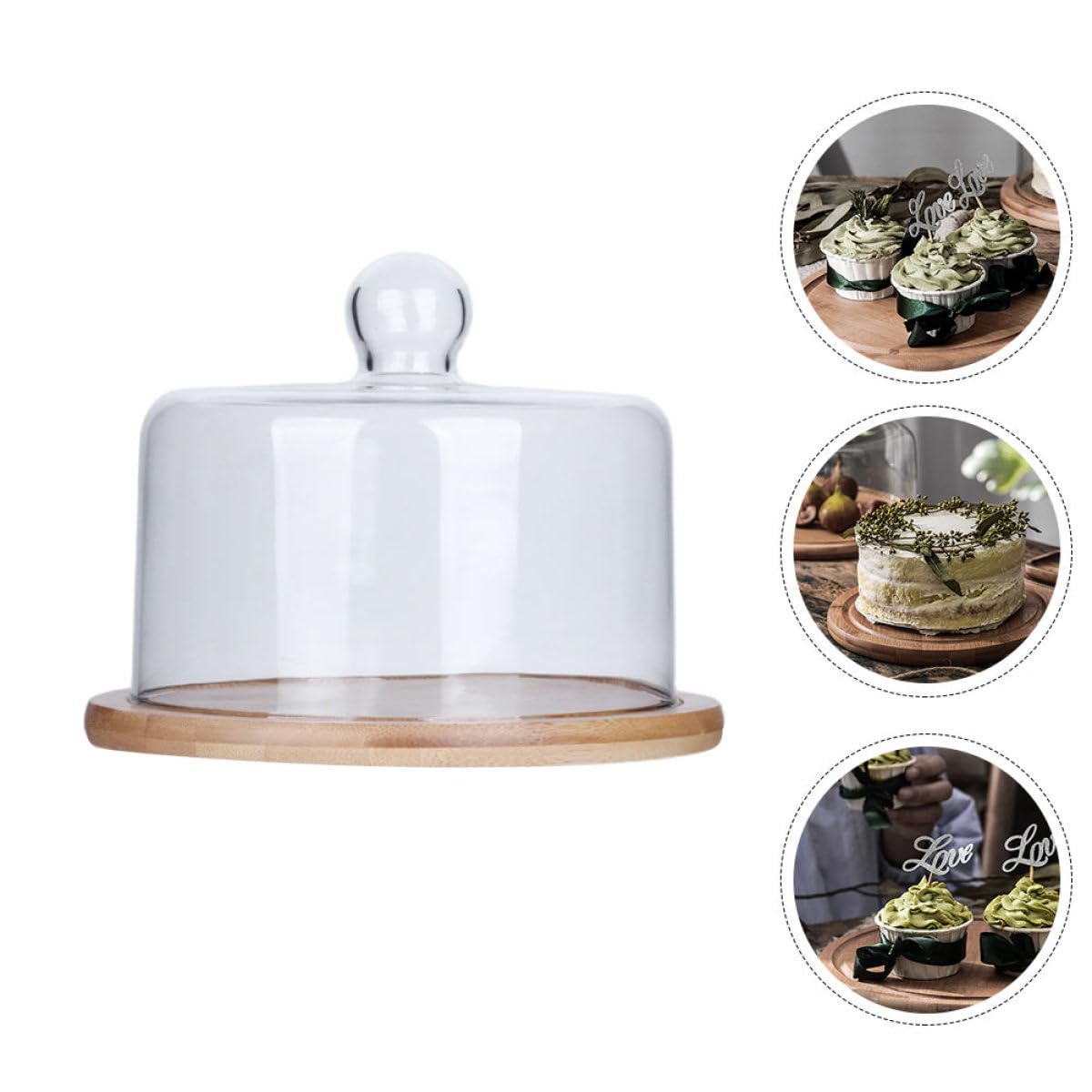 Artibetter Couvercle de Gâteau en Verre Cristal Transparent avec Plateau en Bois, Dôme Créatif pour Conservation Alimentaire Sûre, pour Maison et Mariage
