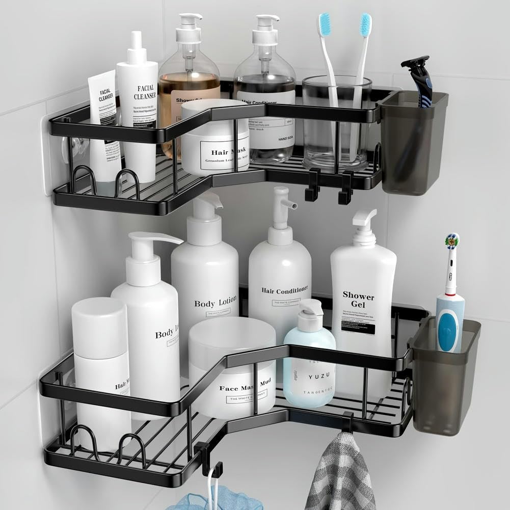 Soporte de pared para baño, estante colgante de baño, con soporte para cepillo de dientes, estilo esquinero (negro)