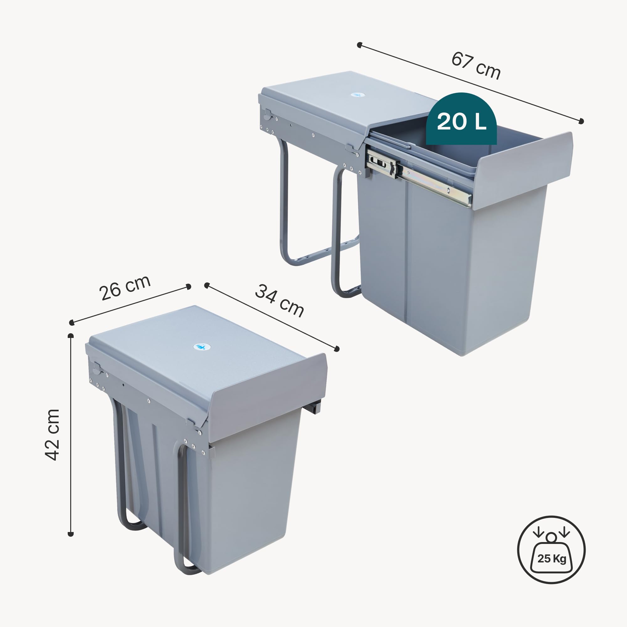 Poubelle Encastrable sur Rails Coulissants Tri Sélectif Sous Évier 1 x 20L Gris Acier Plastique 34 x 26 x 42 cm