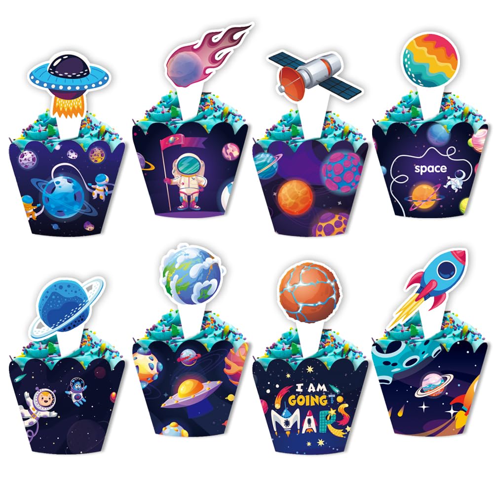 Geluode 48PCS Space Themed Cupcake Toppers and Wrappers for Kids Baby Boys Girls, Astronaut Rocket UFO Planet Patterns Cupcake Decorations for Birthday Baby Shower Party Supplies