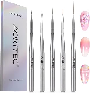 Aokitec 5pcs Nail Art Liner Brush Set, Professional Fine Details Nail Brushes (0.236/0.354/0.472/0.591/25mm) for Thin Lines, French Lace & Stripes, Salon Quality Manicure Tools for UV Gel Polish