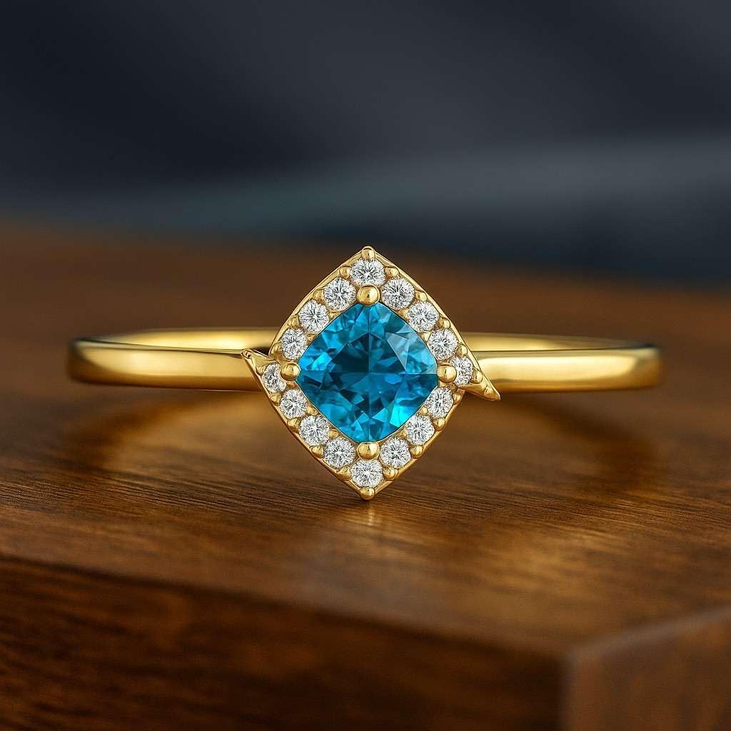 Swiss Blue Topaz Halo Ring for Women in 14K Gold or 925 Sterling Silver – Natural Swiss Blue Topaz with Diamond Accents – Dainty Promise Ring – December Birthstone Jewelry Gift