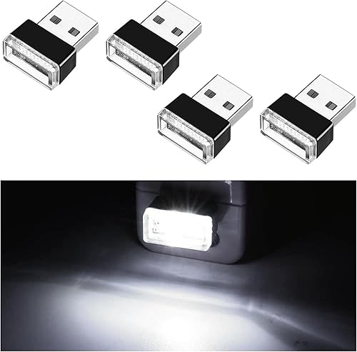 Ziciner 4 lámparas LED USB para interior del automóvil, mini luz nocturna LED portátil, kit de iluminación ambiental de interfaz USB enchufable,
