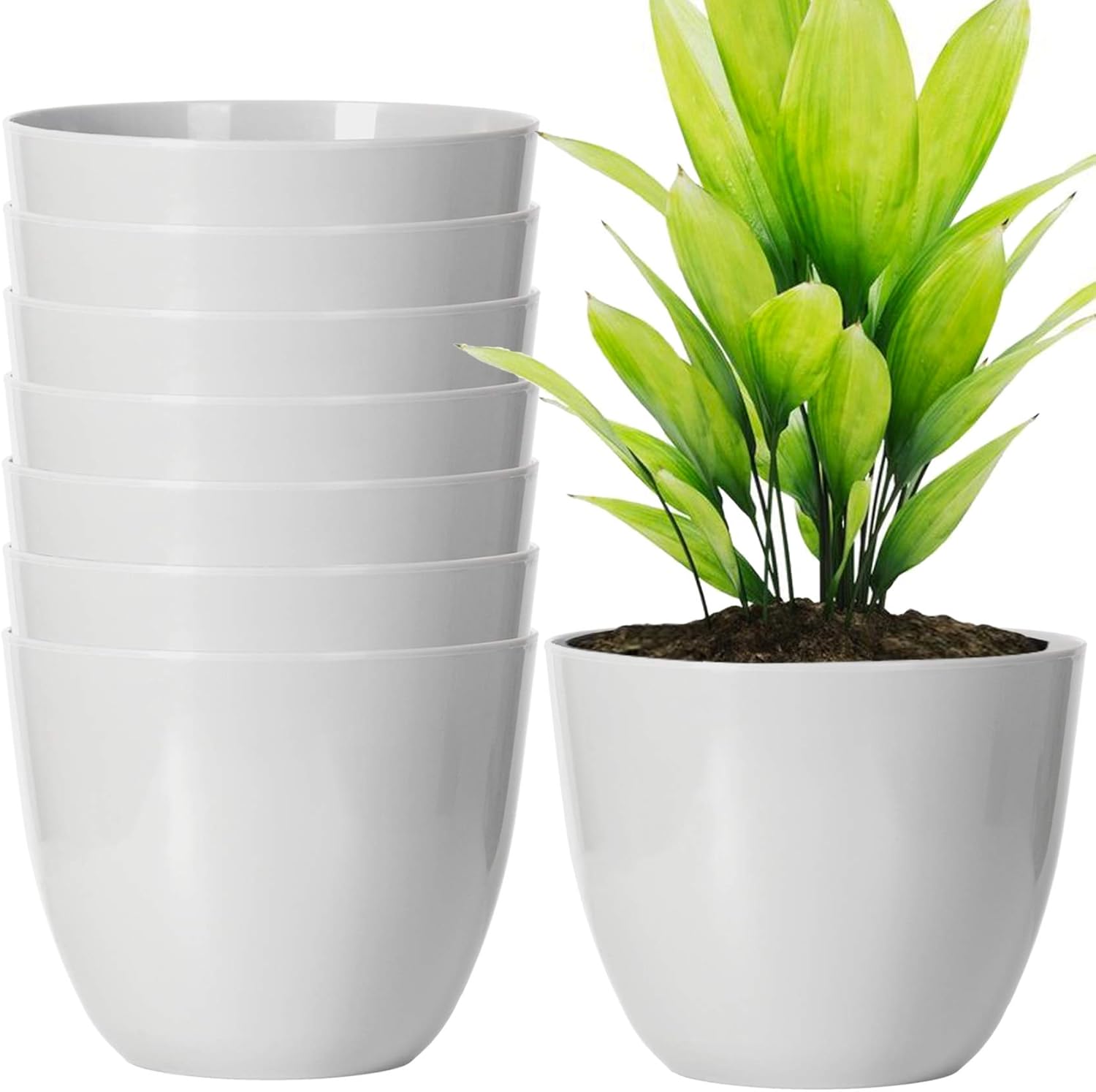 Youngever 8 Pack 5.5 Inch Plastic Planters Indoor Flower Plant Pots, Modern Decorative Gardening Pot with Drainage for All House Plants, Flowers, Herbs, Succulents and Hanging Plants (White)