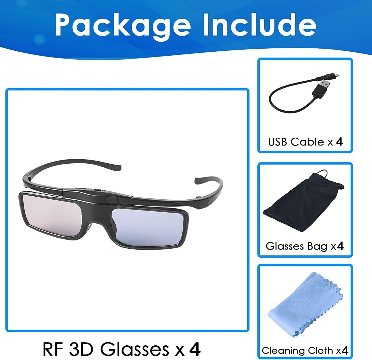 Lunettes 3D RF, lunettes à obturateur 3D rechargeables Convient pour les téléviseurs et projecteurs 3D RF TDG-BT500A, SSG-5100GB, AN3DG40, Pack de 4