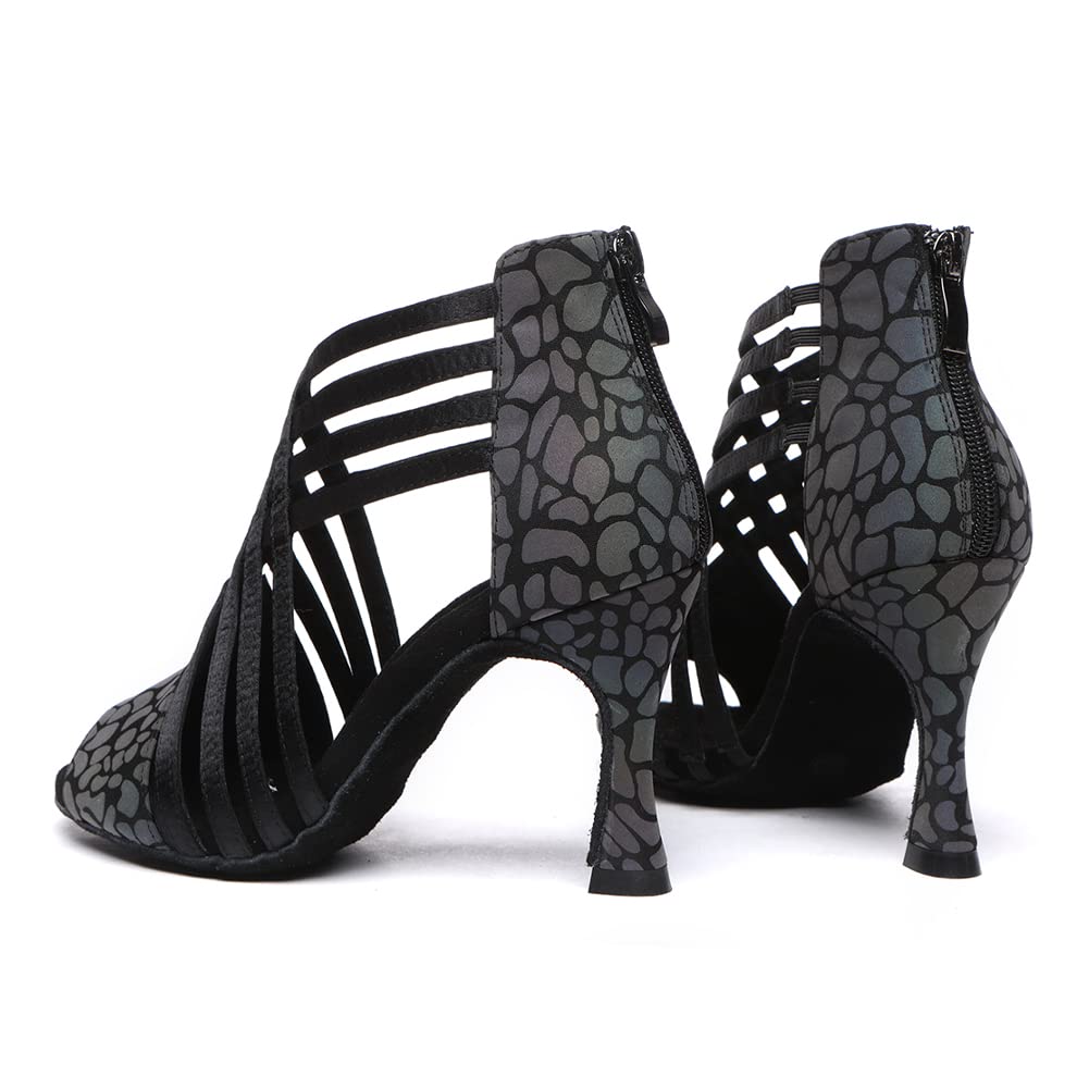 HIPPOSEUS Women Peep Toe Latin Dance Shoes with Zipper Salsa Bachata Ballroom Ankle Dance Shoes Black 3.5 inch Heel,Model L569,6 B(M) US