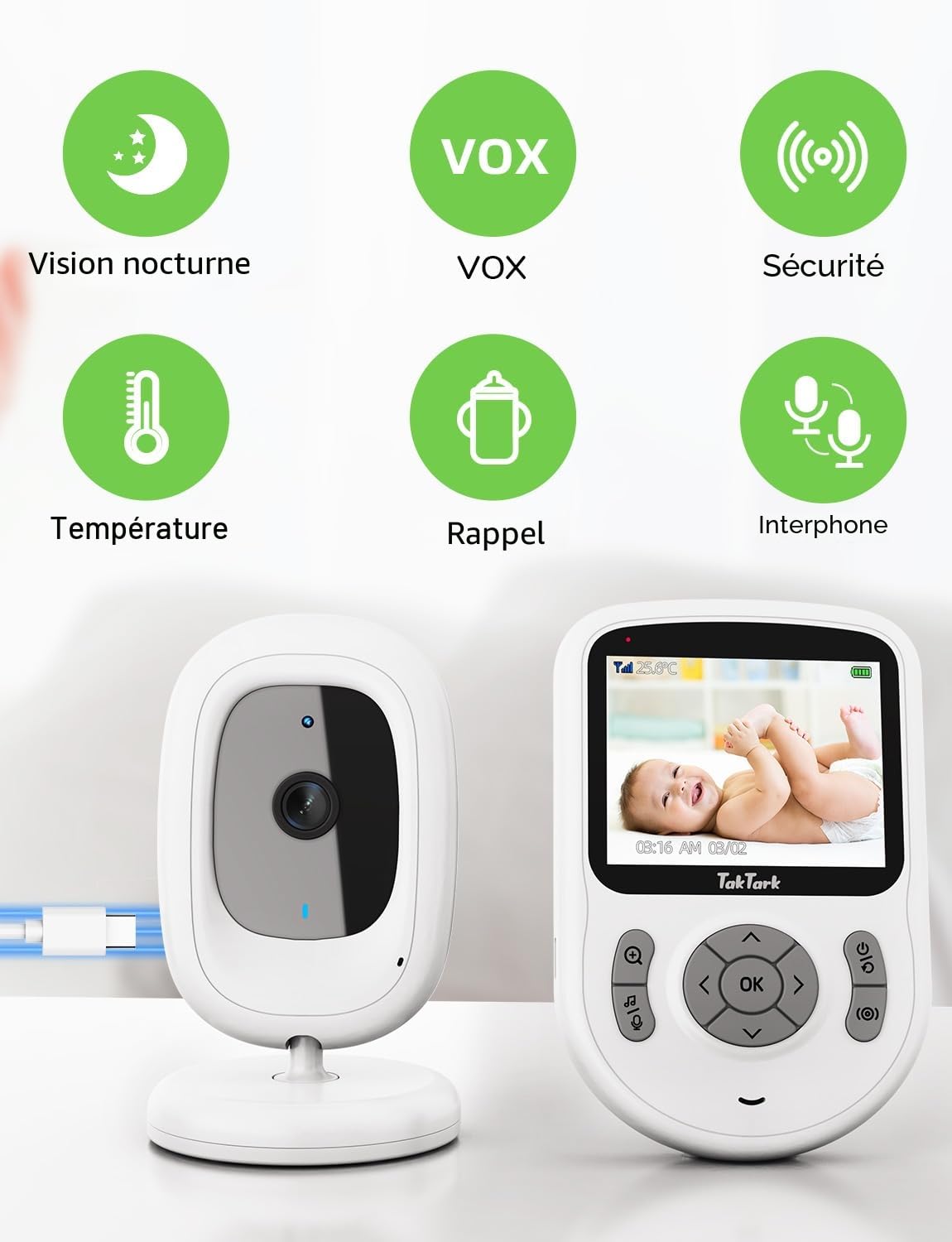 TakTark Babyphone avec caméra, 2,8" 720P HD IPS, avec portée de 1000 m, batterie de 20 heures, caméra sans Wi-Fi, VOX, conversation bidirectionnelle, vision nocturne, zoom 3 × et surveillance de la