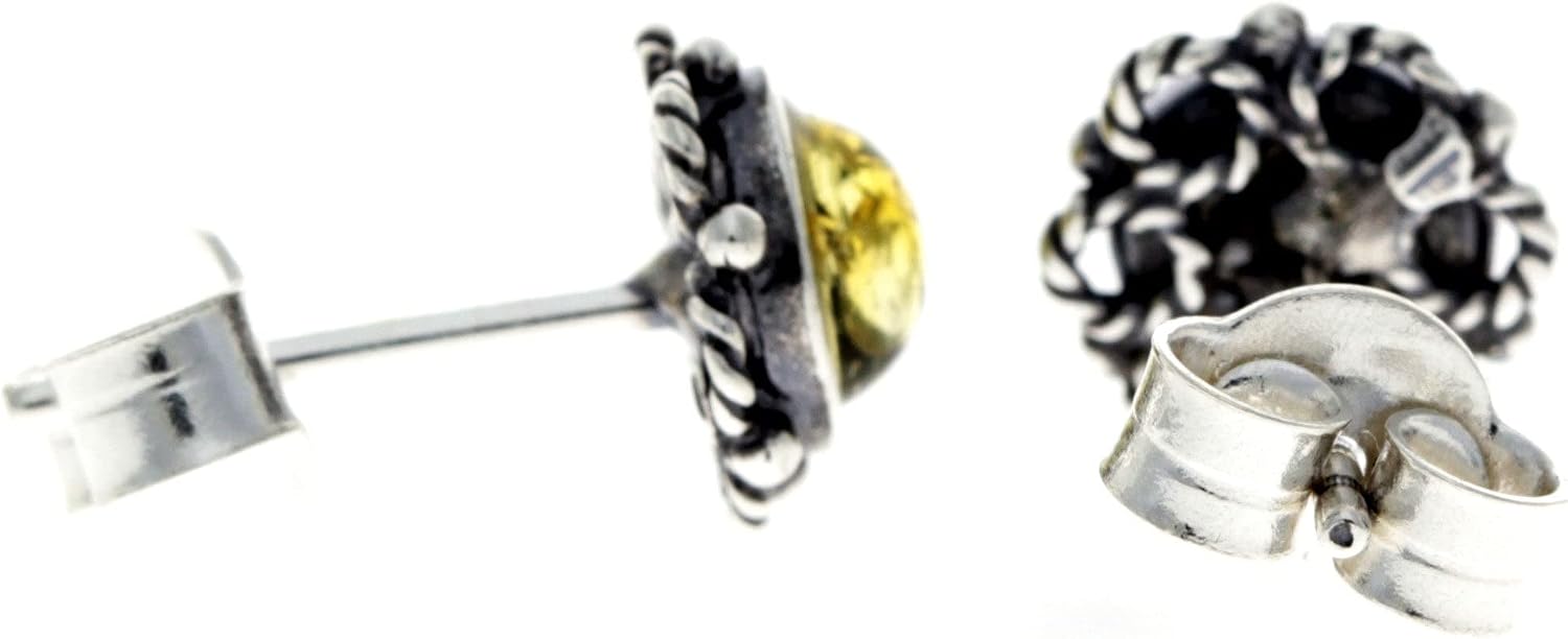 SilverAmber Jewellery - Classic Genuine Baltic Amber 925 Sterling Silver Antique Look Bloom Button Ball Studs Round Earrings 5940