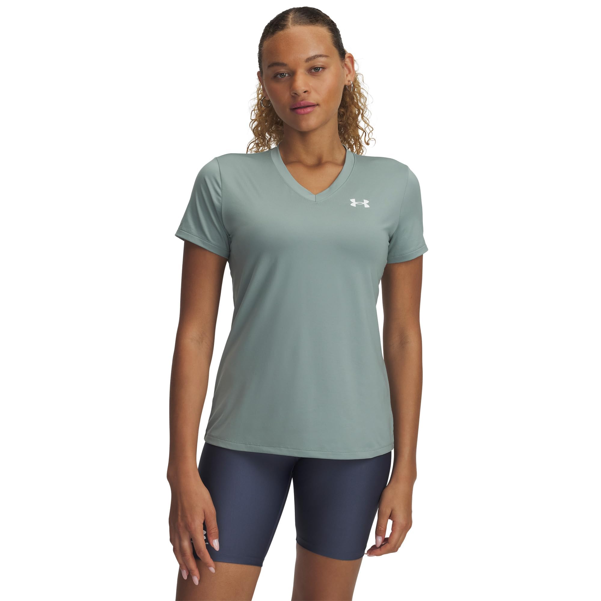 Under Armour Damen Tech Short Sleeve V Neck, (348) Silica Green / White, X-Klein