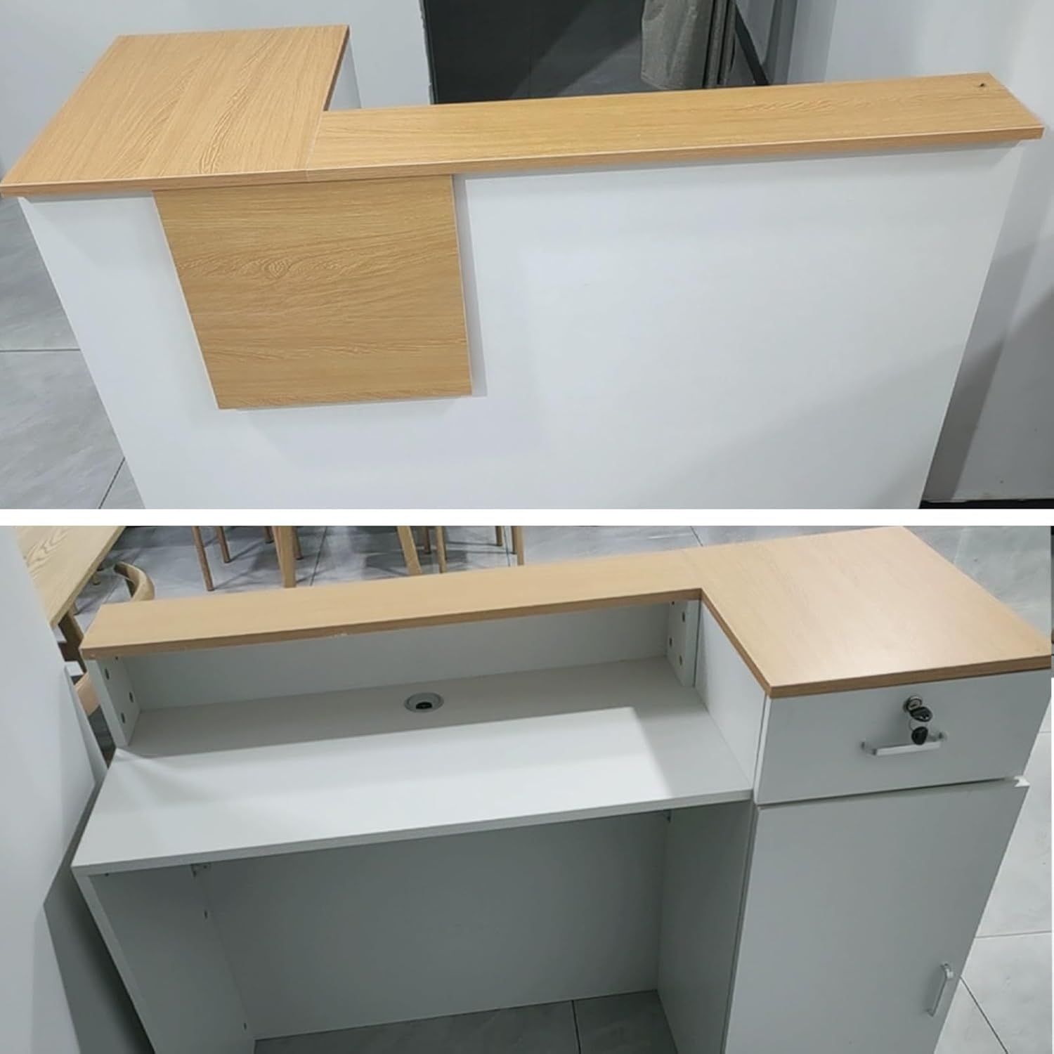 Reception Desk, Front Desk Reception, Retail Checkout Counter, Modern Retail Counter with Drawers, Small Cashier Retail Counter Table, for Office/Store/Salon Recetion Room(White+Gray,100cm/39.3