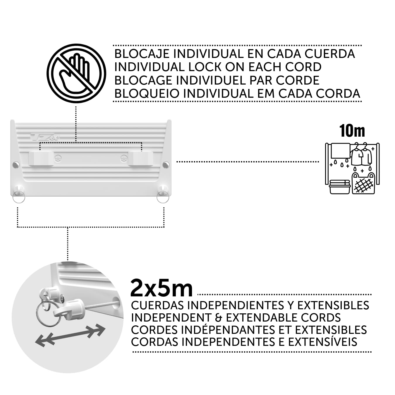 Cuncial TZ-S-2 | Tendedero Automático de Pared 2 Cuerdas | hasta 10 m de Tendido | Extensible 5 m por Cuerda | Blocaje Individual | Interior y Exterior | Compacto y Resistente | Fabricado en España