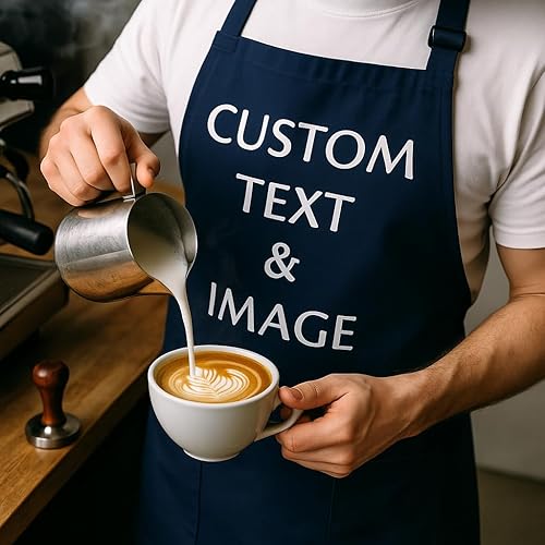 Miniatura 2 de LeWall Delantal personalizado  Logotipo de nombre personalizado para cocinar hornear y manualidades  Cuello ajustable, bolsillos delanteros, algodón