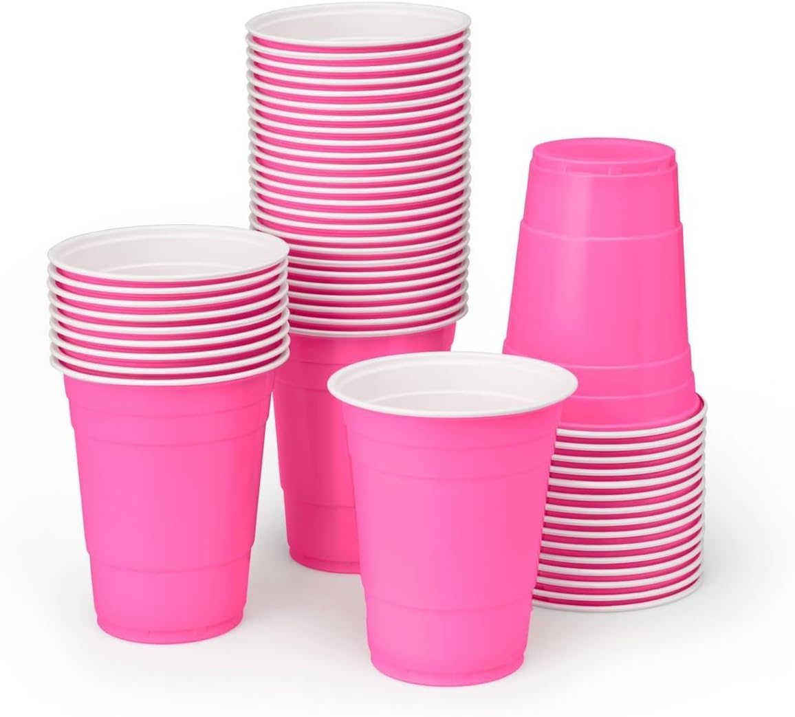 xoFetti Matte Pink Plastic Cups (50 Pack) - 16oz Disposable Party Cups for Bachelorette, Bridal Shower & Girls Night Celebrations