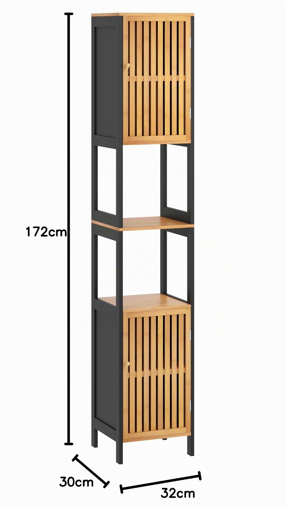 Colonne Rangement Salle de Bain/Meuble de WC - Gain de Place, Noir et Bois Clair – Structure MDF + Bambou Véritable – Finition Bois Naturel – Déco Zen, Idéal pour Toilettes et Salle de Bain