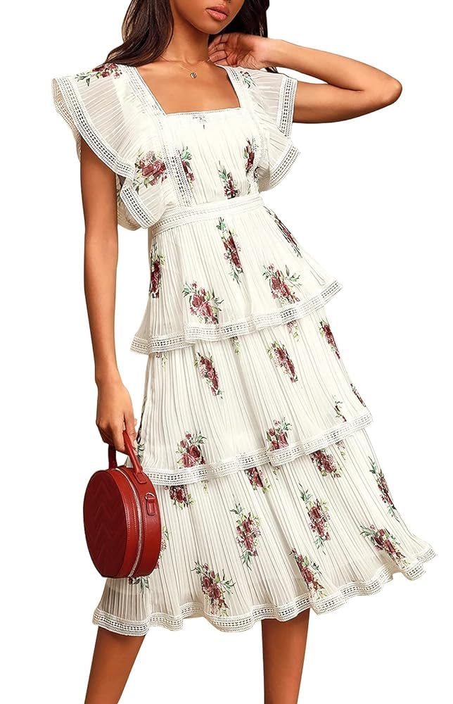 Photo 1 of **DAMAGED**STAINED***ETCYY Women's Summer Ruffle Maxi Dress Tiered Layed Chiffon Short Sleeve Beach Boho Floral Party Wedding Guest Long Dresses,Floral Rose,Small