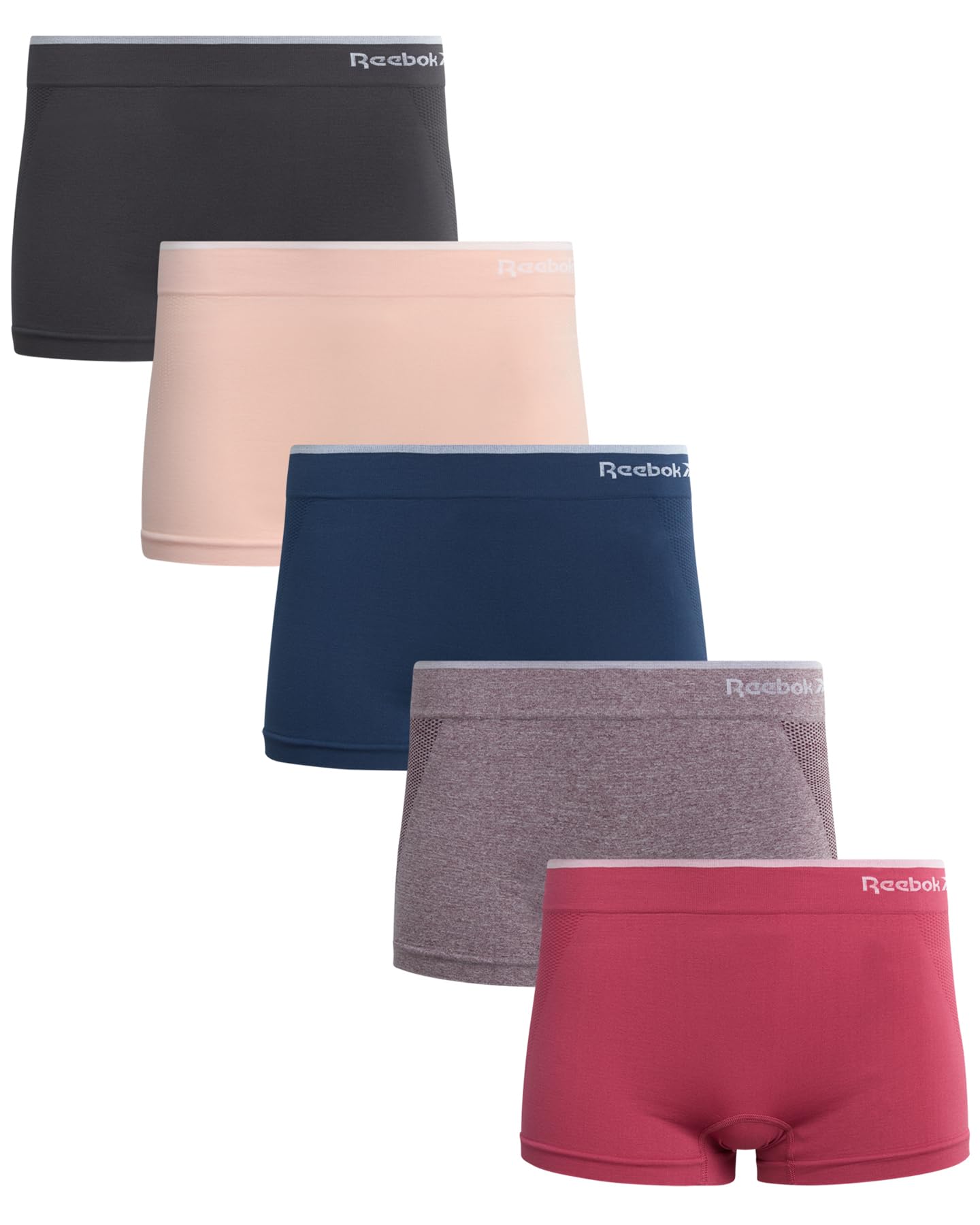 Reebok Womens Boyshorts Underwear - 5 Pack Stretch Performance Seamless Underwear for Women, 4” Inseam with Tagless Waistband, Fox/Glove/Lotus Fig/Denim/Blackened Pearl, S