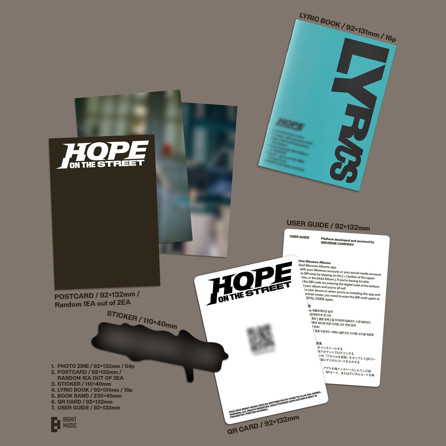 GENERIC j-hope - [HOPE ON THE STREET VOL.1] (Weverse Albums Ver.) Photo Zine + Postcard + Sticker + Lyric Book + Book Band + QR Card + User Guide + 2 Extra Photocards