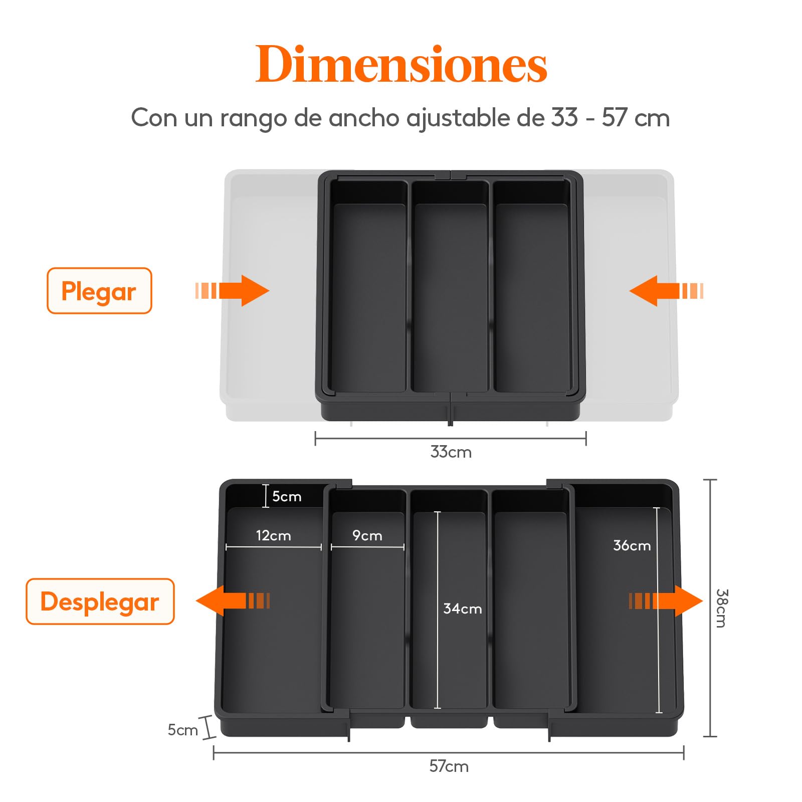 Lifewit Organizador de Cajones de Utensilios, Organizador Cubiertos Expandible para Cocina, Soporte de Cubiertos Ajustable para Cajon, Profundidad de 38 cm, Ampliable a 57 cm, Lote 1, Negro