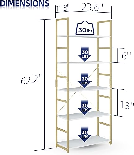 Miniatura 3 de NUMENN Estantería de 5 niveles, estantería alta para almacenamiento, estante moderno para dormitorio, sala de estar y oficina en casa, blancodorado
