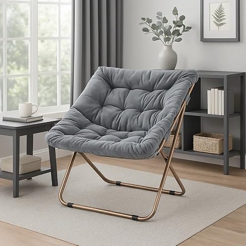 Miniatura 125 de Magshion Silla platillo plegable con otomana para adultos, cómodo asiento de lectura, asiento de piel sintética con marco de metal acolchado grueso