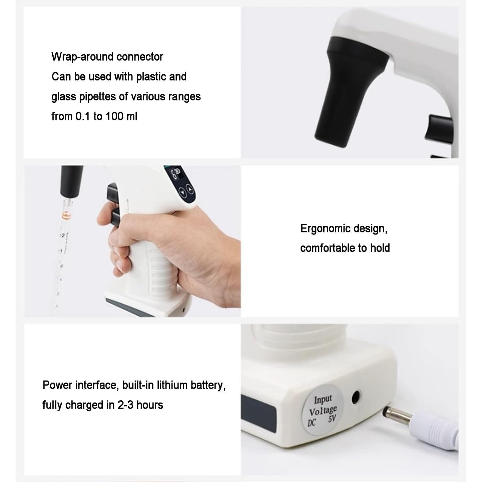 Controlador Electrónico de Pipetas 0.1-100mL, Bomba Eléctrica con LCD, 6 Velocidades, Drenaje Dual, Filtro Hidrofóbico, Batería Recargable para Laboratorio