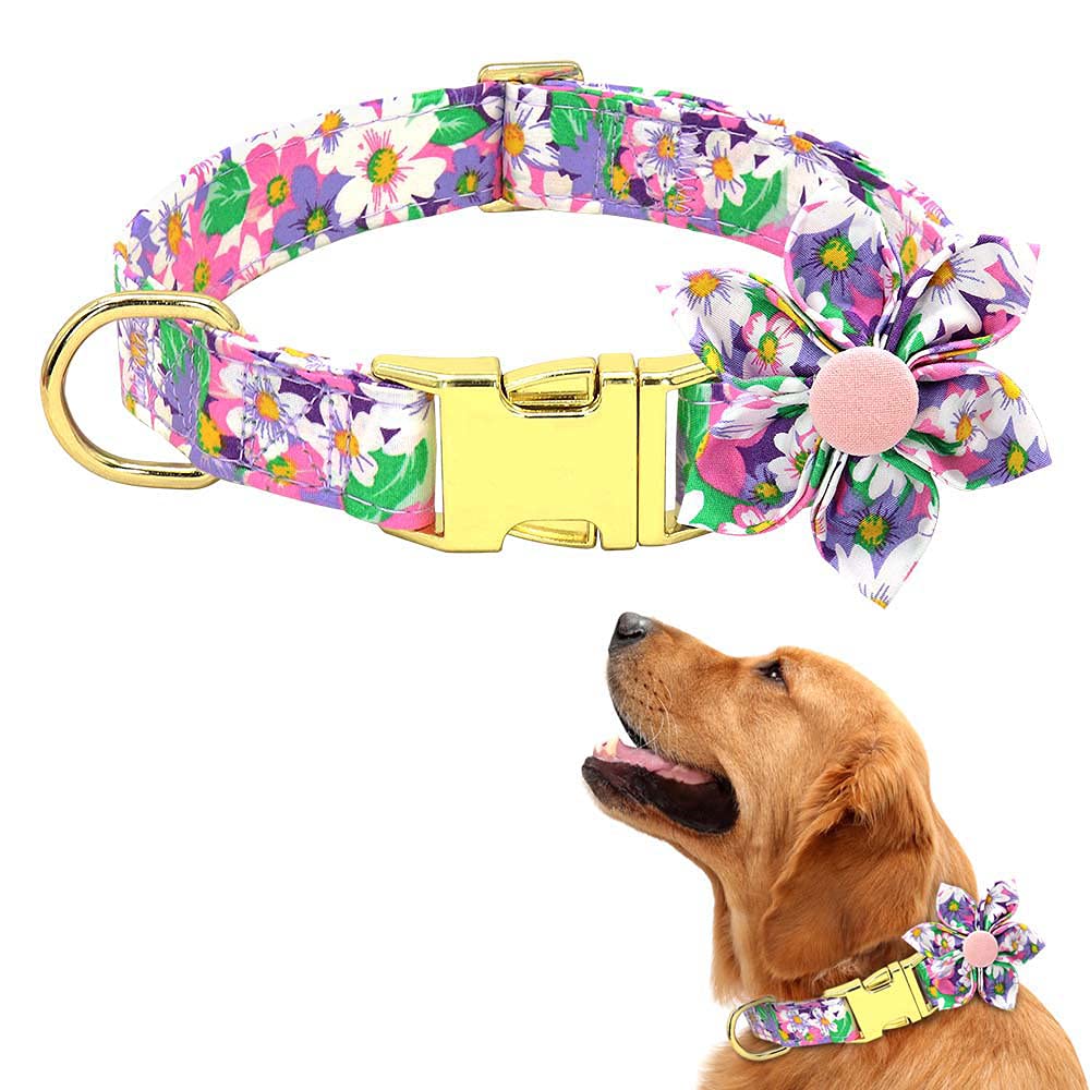 DALUZ Girl Dog Collar with Detachable Flower, Safety Soft Comfy Floral Pattern Pink Pet Collar for Small Medium Large Dog...