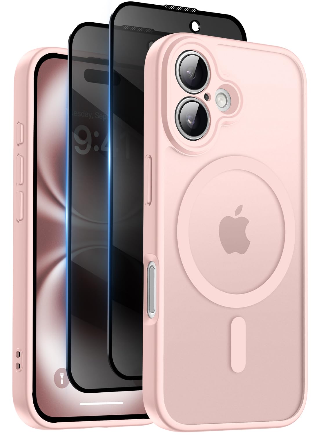 Magnetic for iPhone 16 Case, with Privacy Screen Protectors X2, [Camera Protection] [15FT Military Drop Protection] Translucent Matte Back Slim Shockproof Phone Cover, Pink