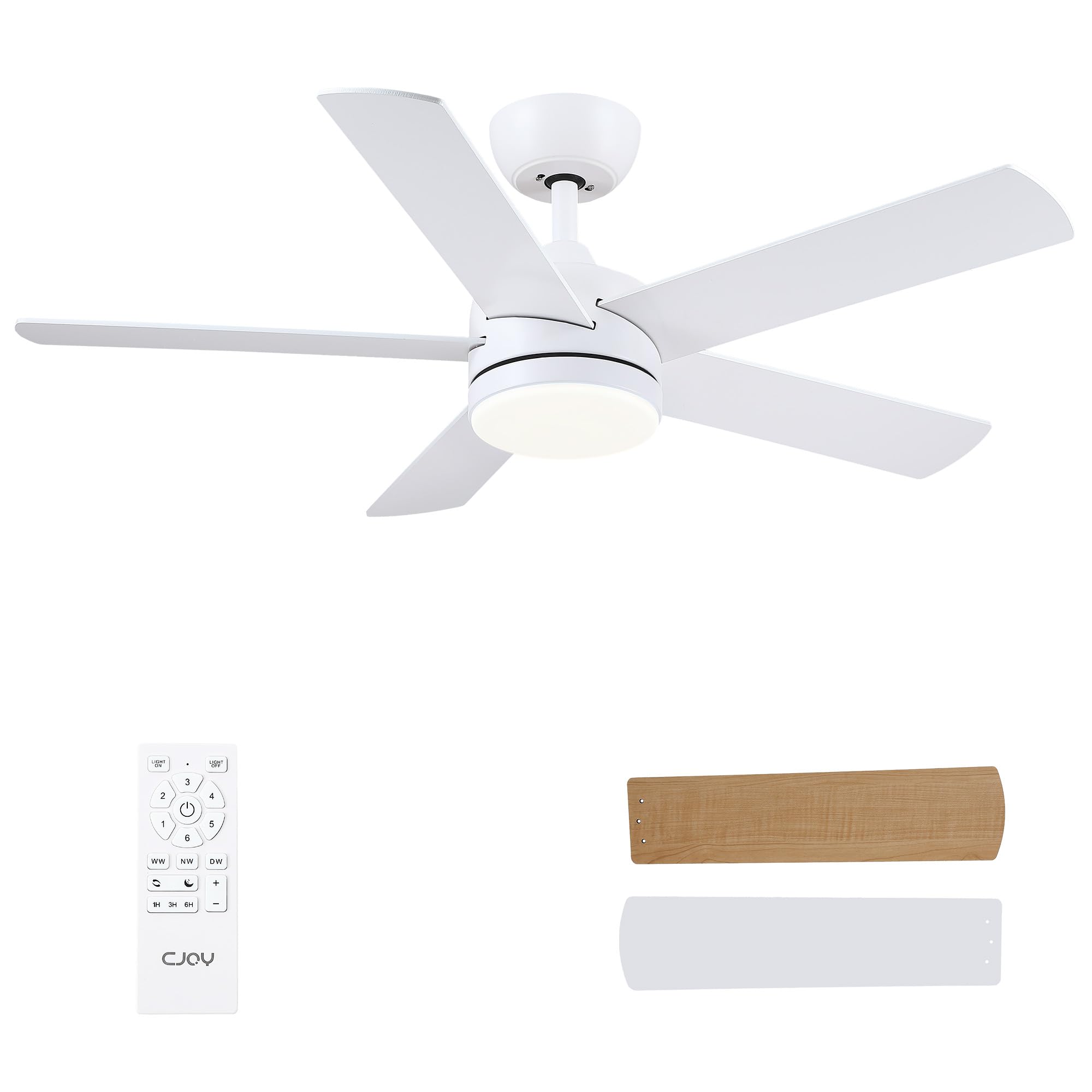 CJOY Deckenventilator mit Beleuchtung 107cm Weiß/Holz Fernbedienung Leise 3 CCT 5 Blätter Umkehrbar