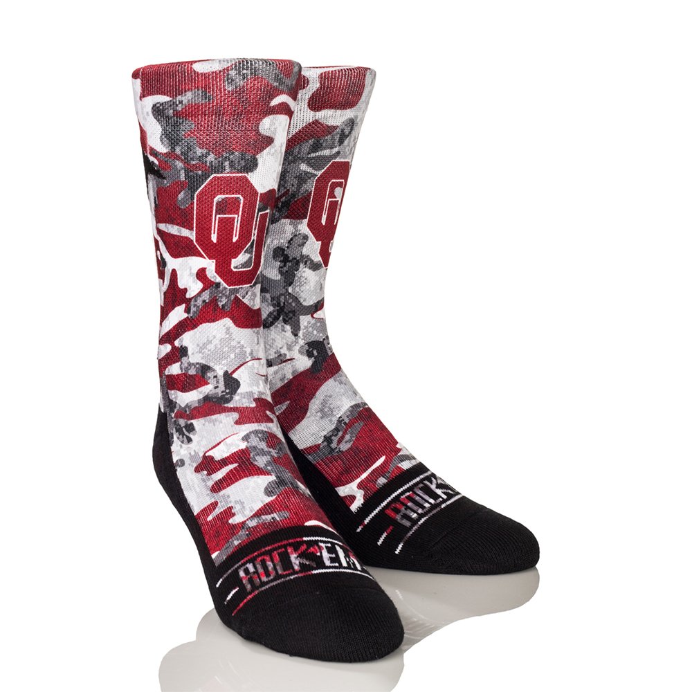 Rock 'Em Apparel NCAA Oklahoma Sooners Camo Custom Athletic Crew Socks, Small/Medium, Crimson/Camo