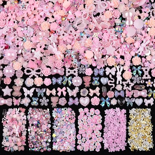 1500Pcs 3D Nail Charms for Acrylic Nails Resin Butterfly Flower Star Heart Bow Charms Flatback Pearls Rhinestone Metal Gems Charm for Nail Art Design DIY Crafts (1500Pcs-Pink)