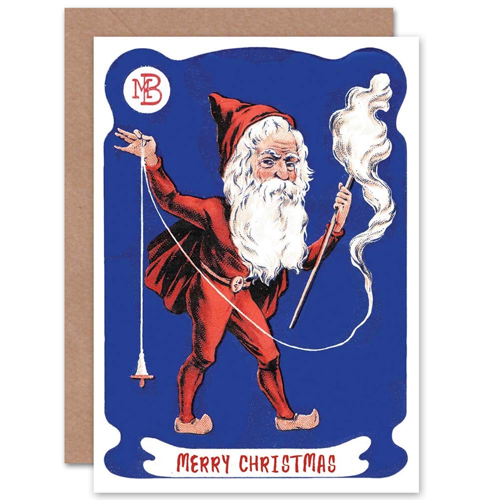Artery8 - Greeting Card - Merry Santa Spinning Wool - Blue