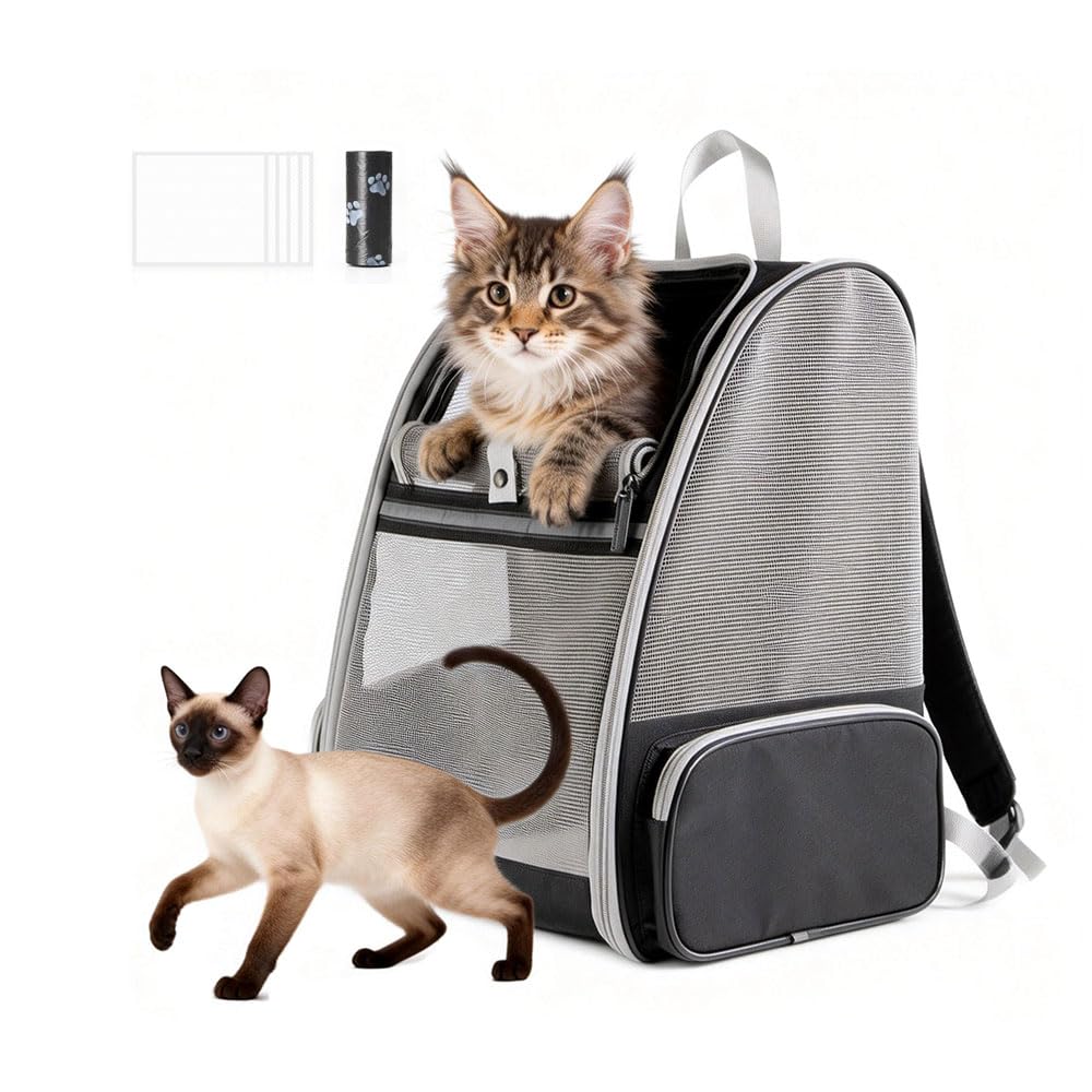 Soft Sided Cat Carrier Backpack Airline Approved Pet Backpack Carrier for Cats & Dogs - Collapsible, 360° Breathable Design with 1 Pet Poop Bag+ 5 Leak-Proof Pee Pads, Ideal for Small/Medium Pets