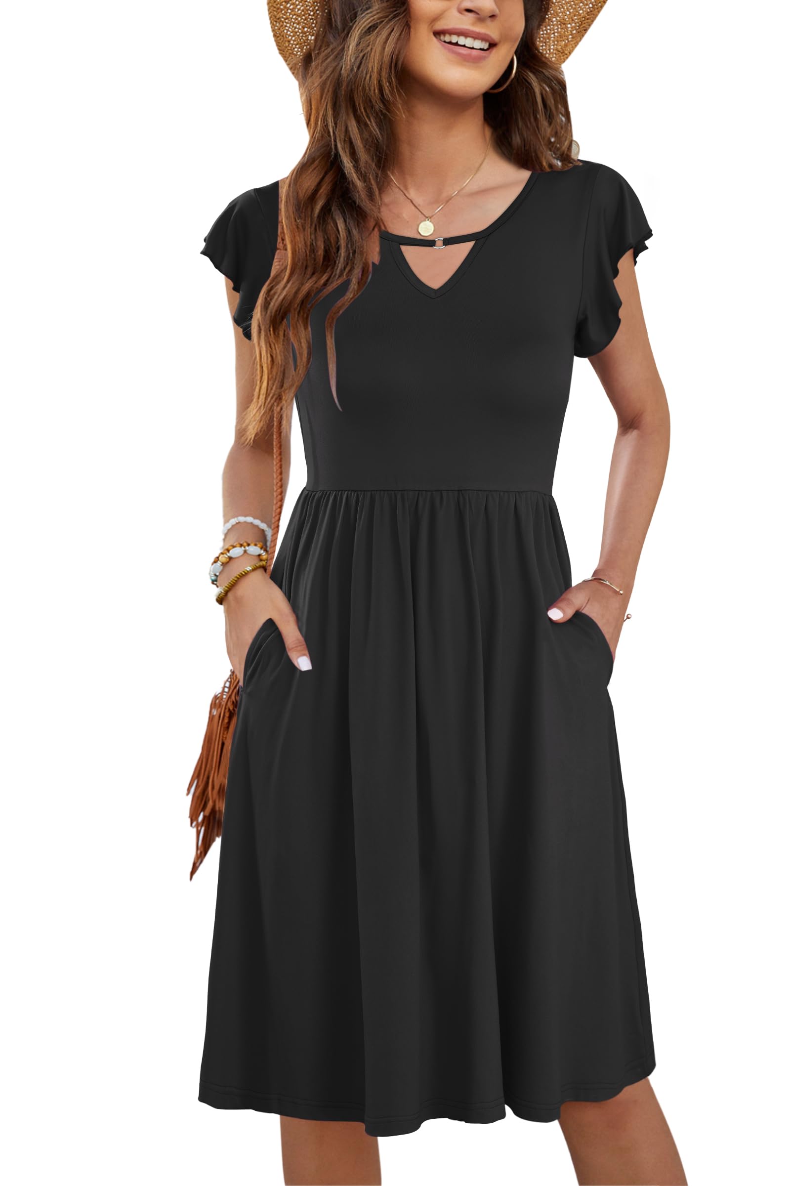 PLOKNRD Femme Robes D'été Col en V Décontractée à Manches Volantées Robe pour Femme Chic et élégante avec Poches