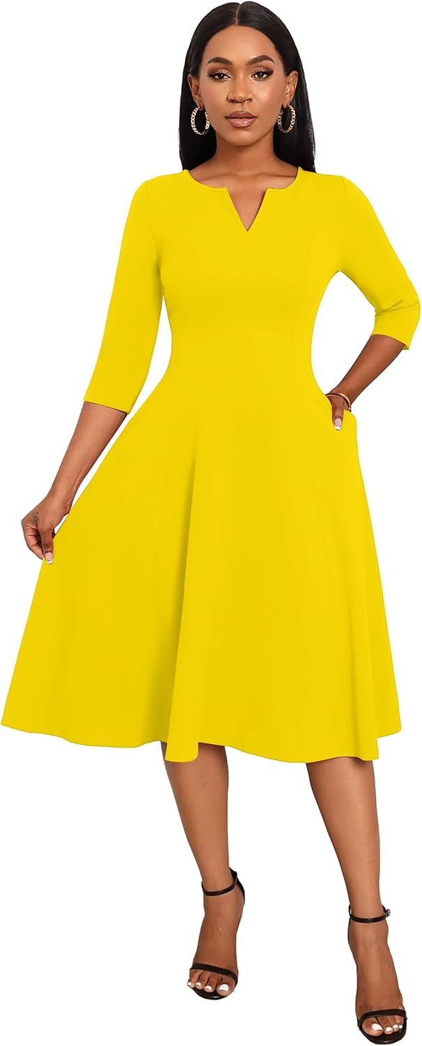 Nmoder Midi Dresses for Women A-Line Fit and Flare Dress 3/4 Sleeve V Neck Cocktail Wedding Guest Work Dress with Pockets - Image 2