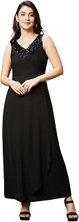 Women's Black Sequinned V-Neck & Pintuck Wrap Maxi Party Dress