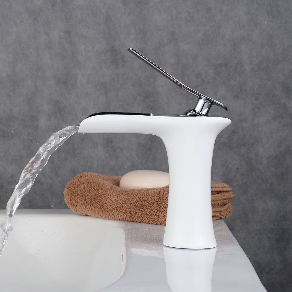 Grifo Cascada Monomando, Grifo de Lavabo Baño, Agua Fria y Caliente Disponible, Pintura blanca y cromo, Beelee BL9009W